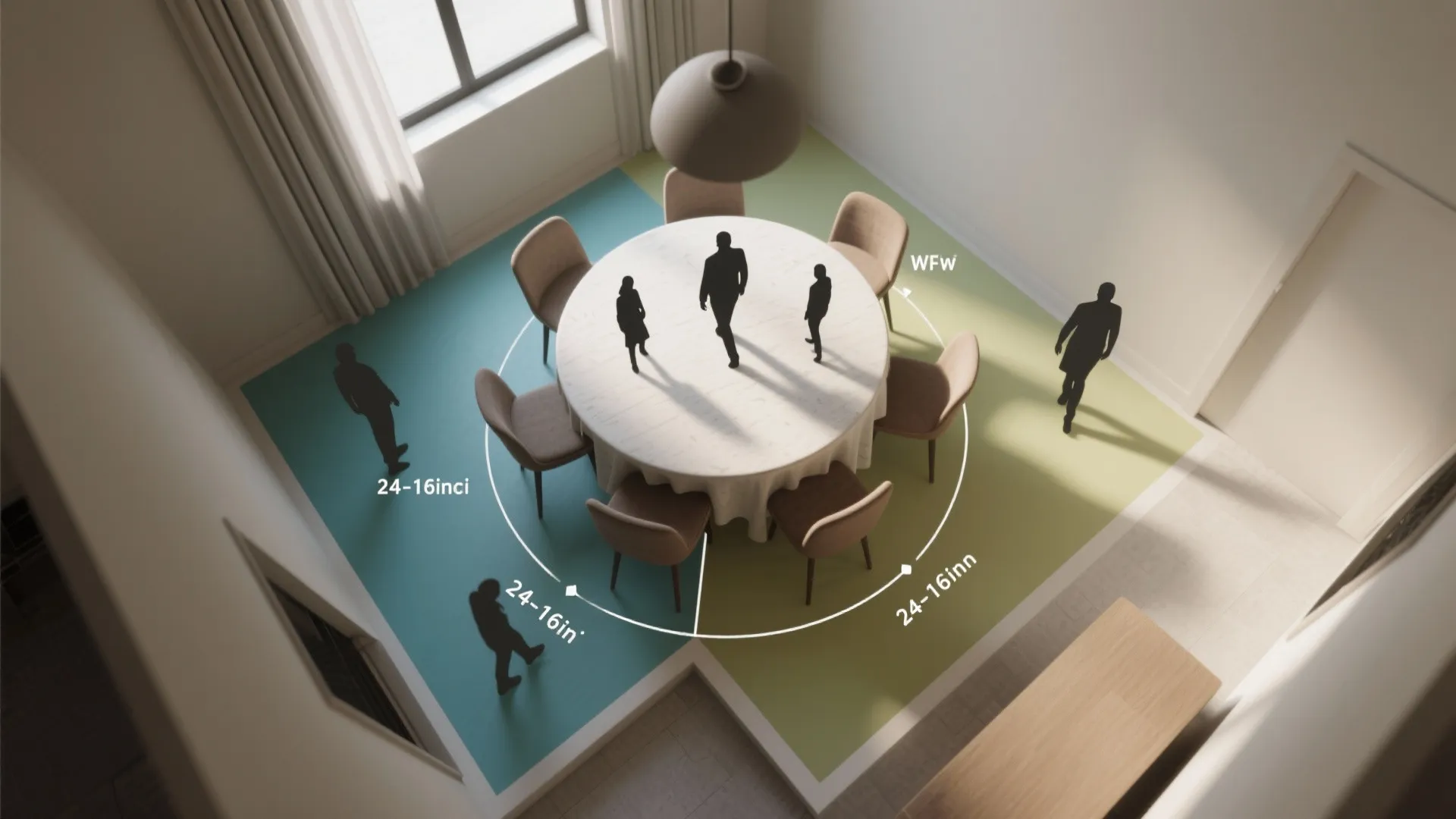 Top-down layout of a round table showing shaded clearance zones and circulation paths without text.