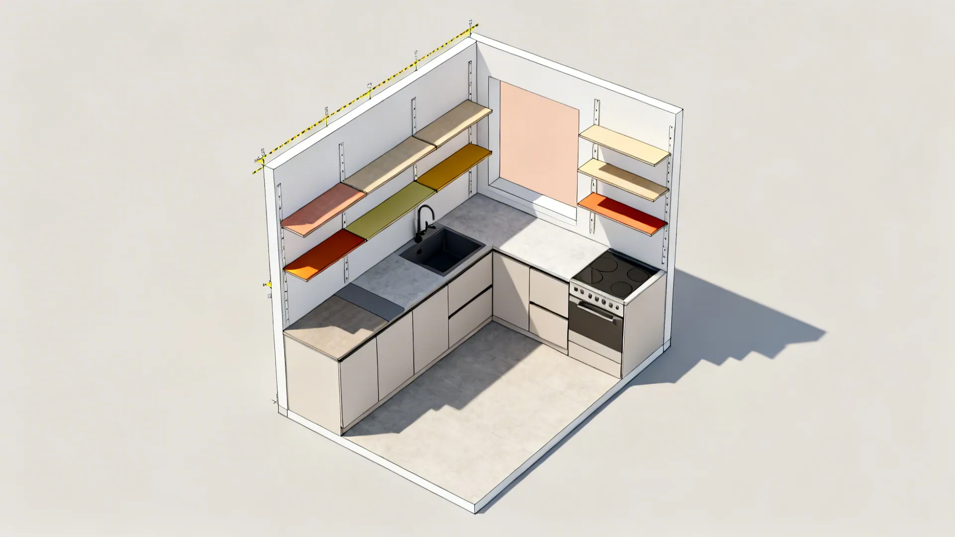 Top-down layout of an L-shaped small kitchen with a rectangular color-block zone behind shelves.