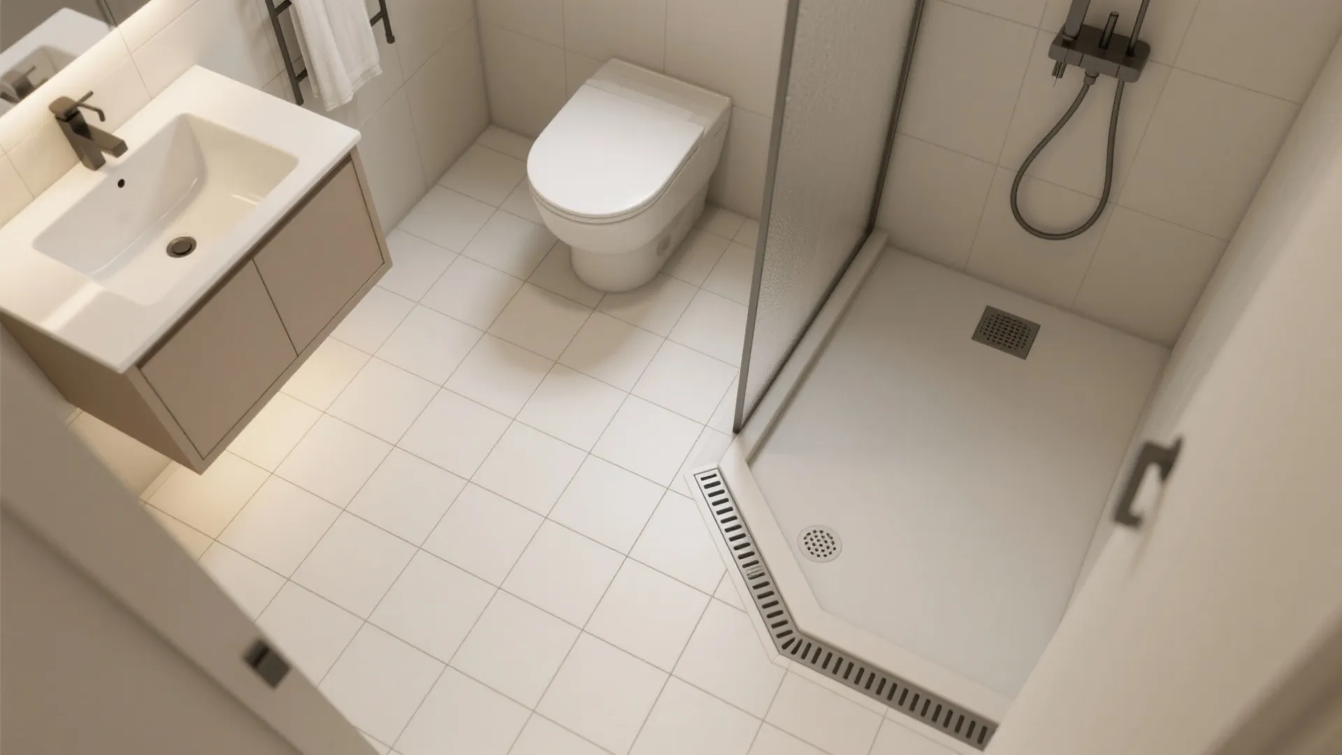 Top view of a small bathroom showing white floor tiles a toilet and shower area
