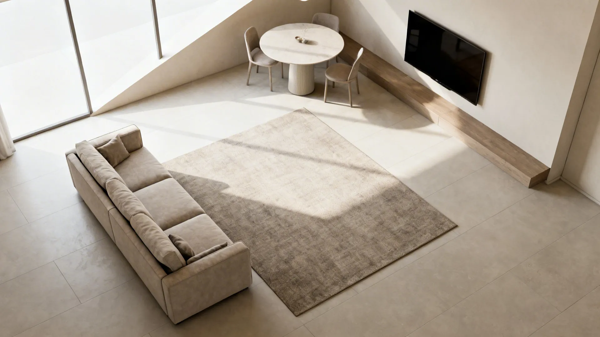 Top down view of a living room layout with beige sofa rug and round table