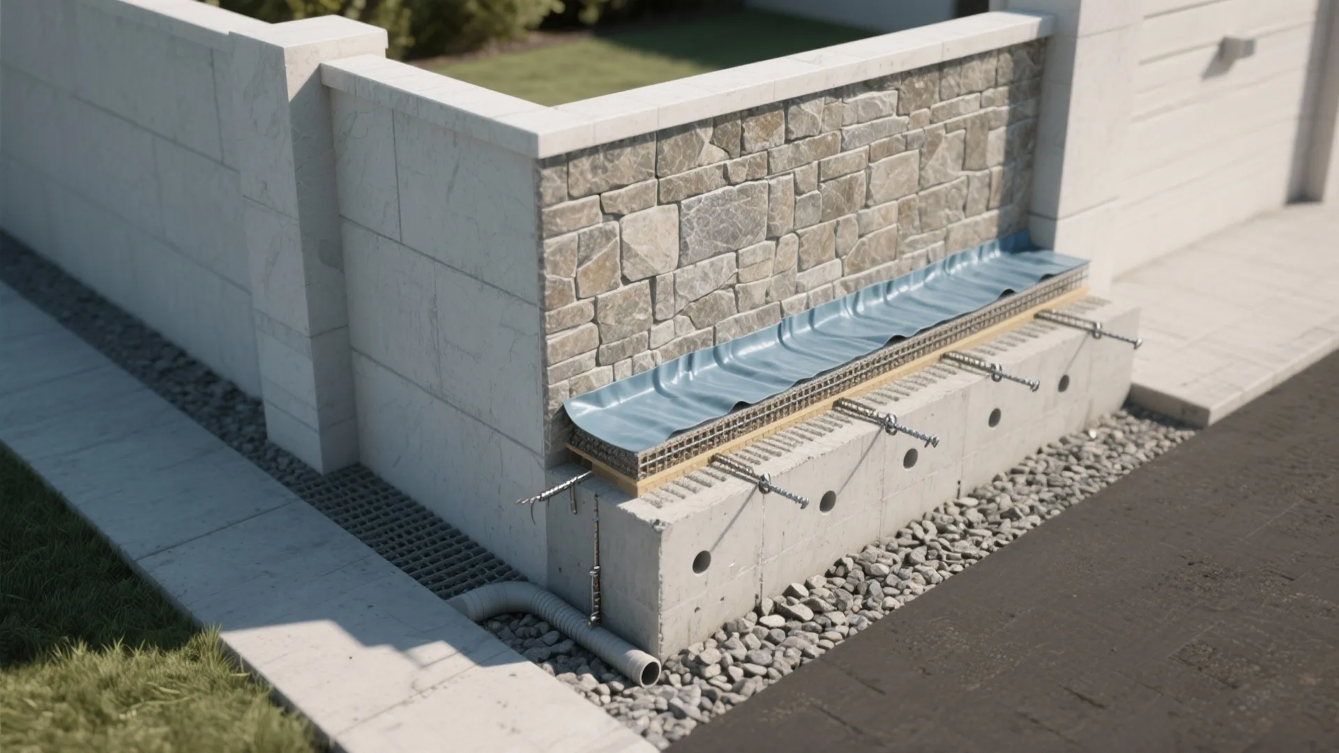 Interior design drawing showing wall foundation with drainage pipes stone wall panels and small rocks
