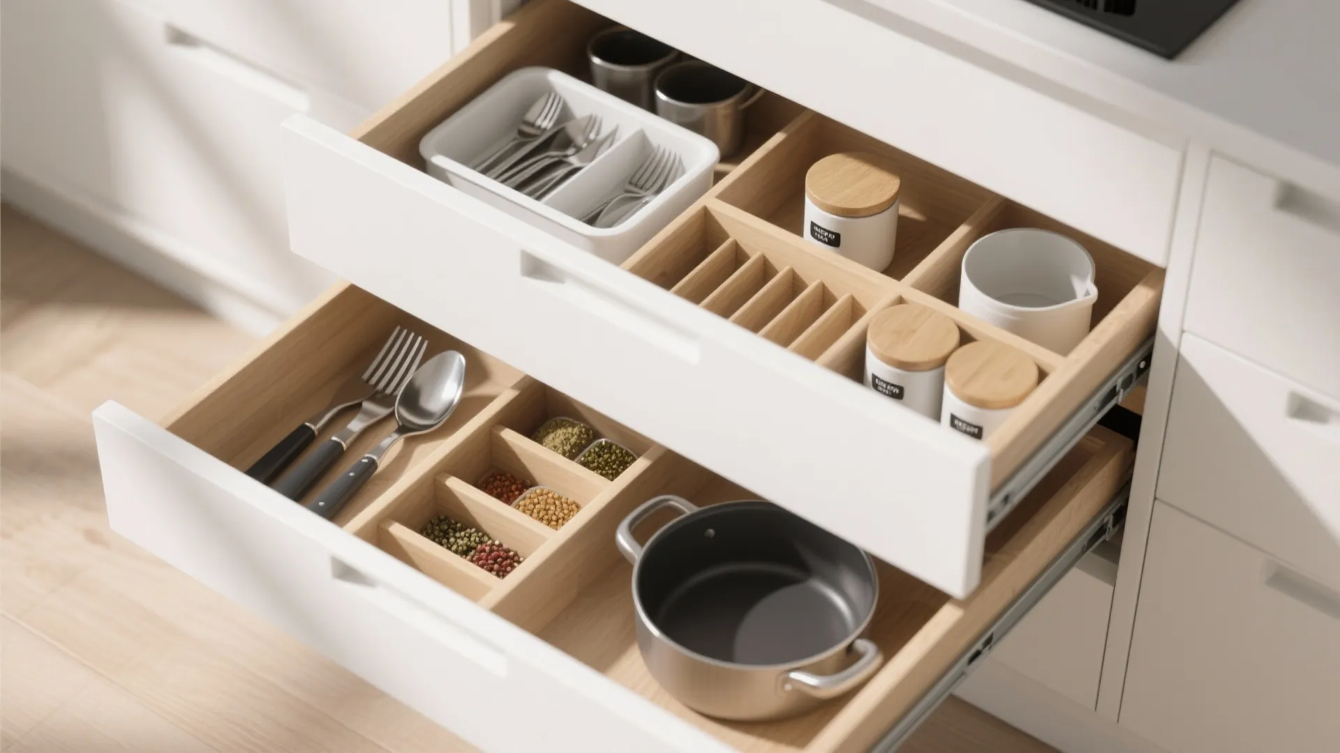 Minimalist kitchen storage with concealed systems