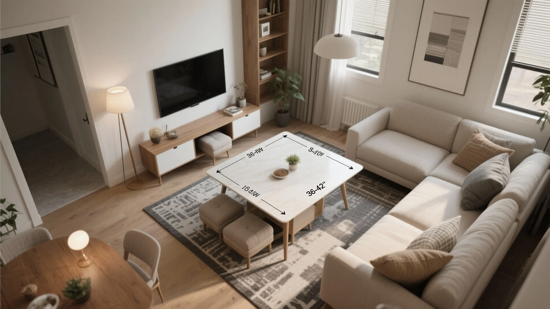 Top-down view of small living-dining layout with extendable table and nested ottomans showing clearances.