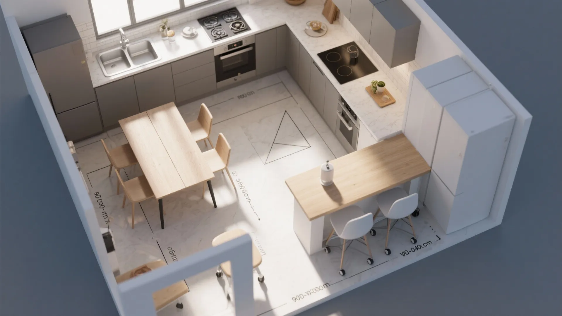 Top view of a 3D interior design drawing showing kitchen cabinets and dining table layout