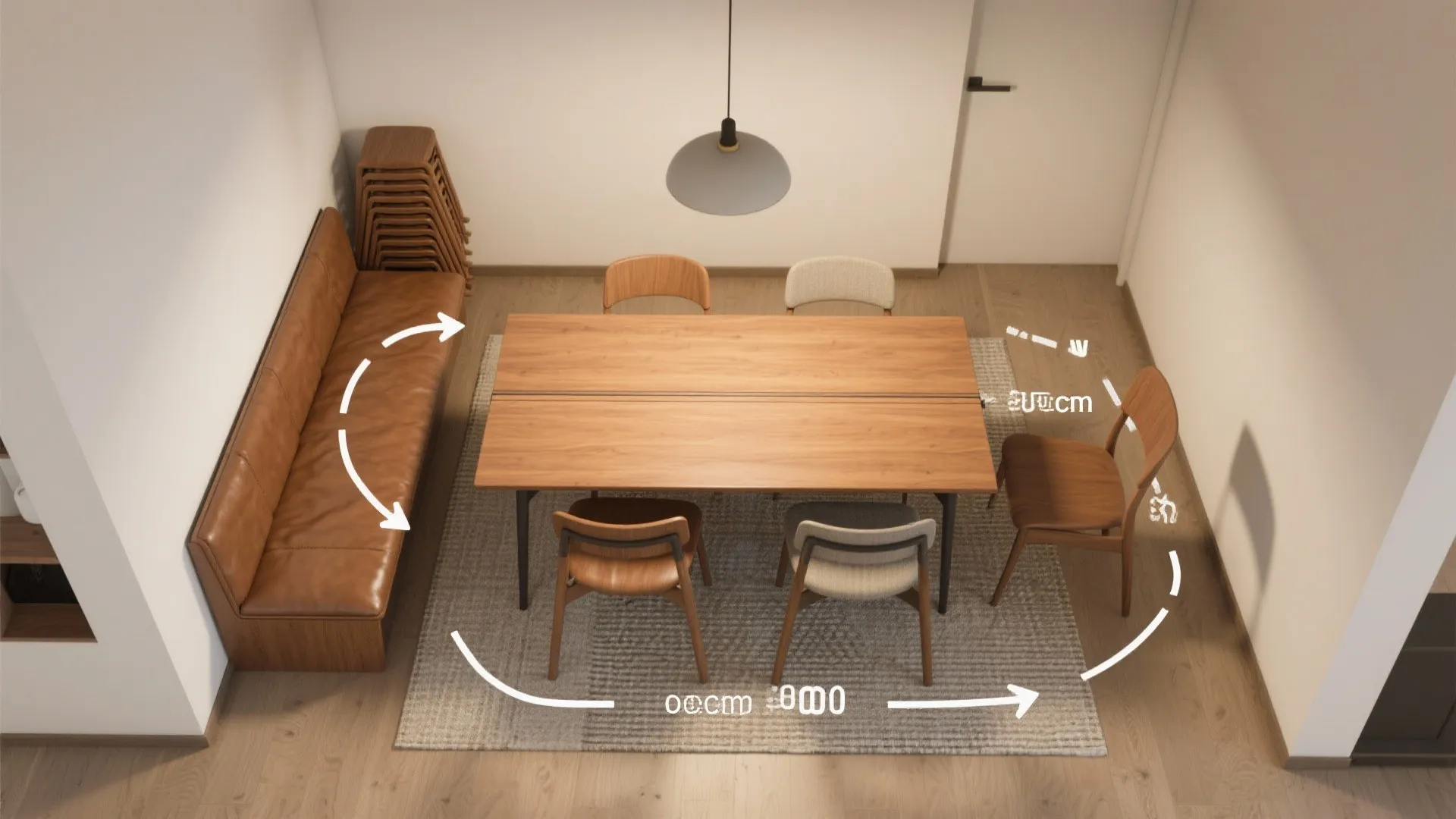 Top-down view of an extendable dining table layout with bench and stackable chairs showing clear circulation.