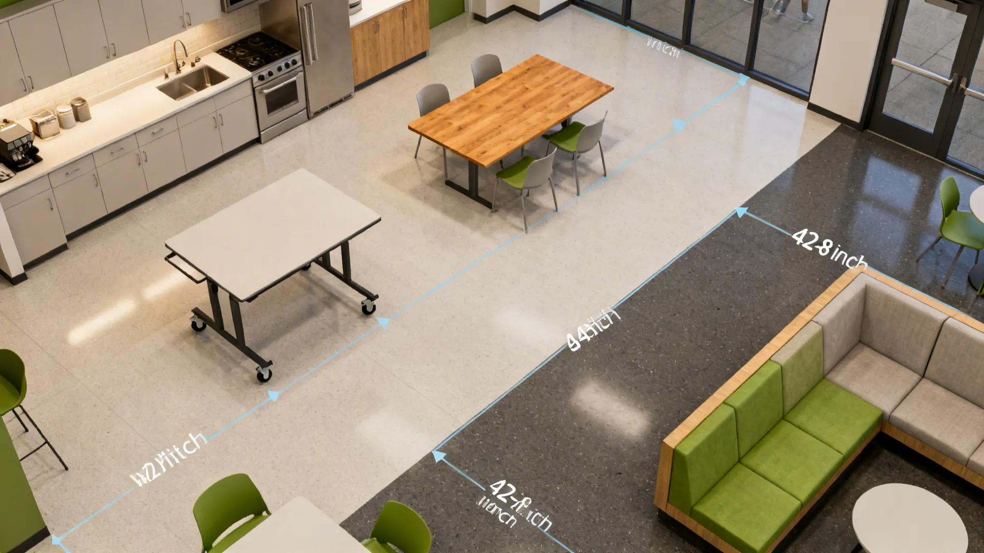 Top-down view mapping cooking, prep, dining, and lounge zones with clear circulation.