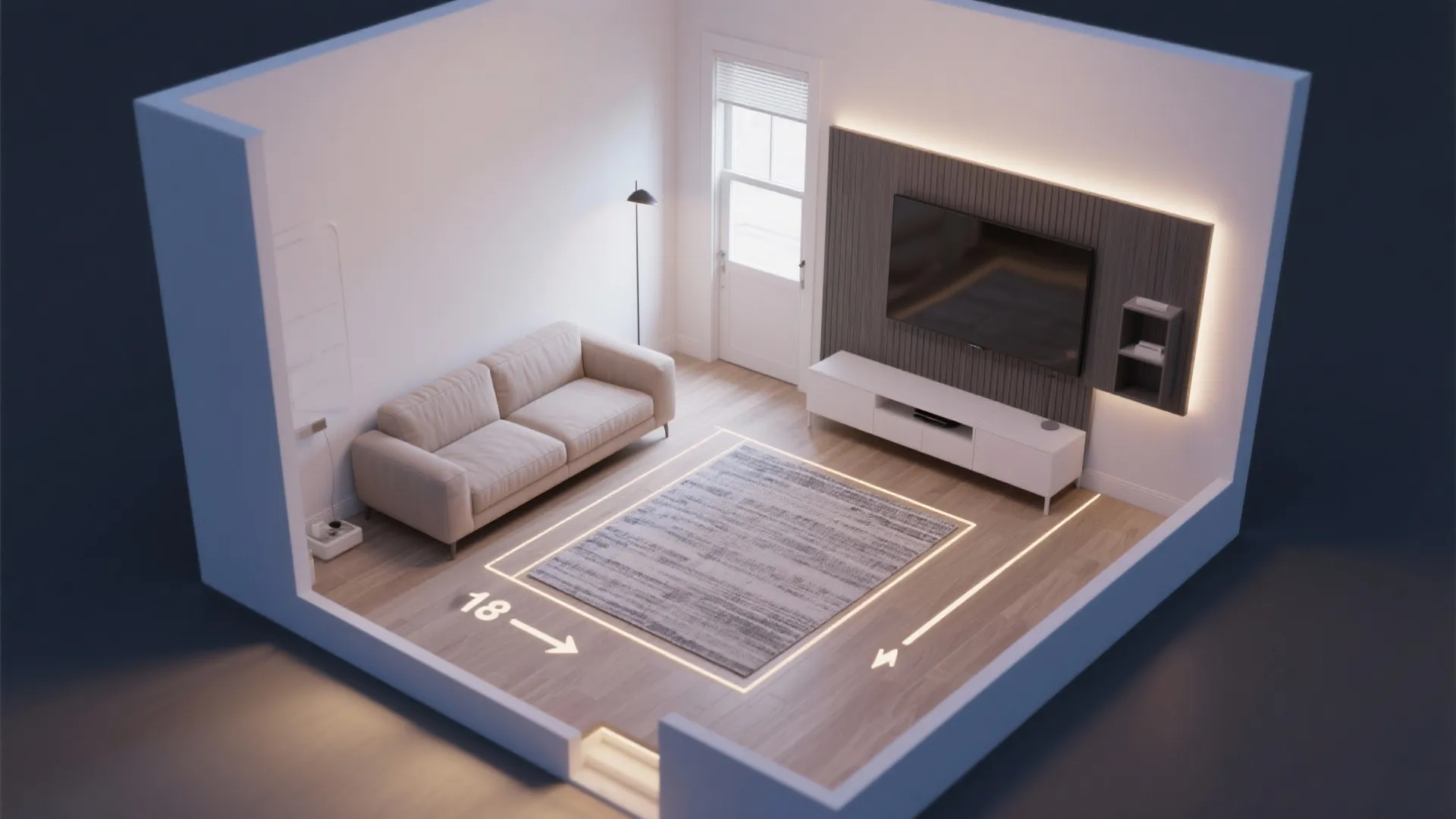 Top-down layout showing a floating sofa with clear pathways and rug placement.