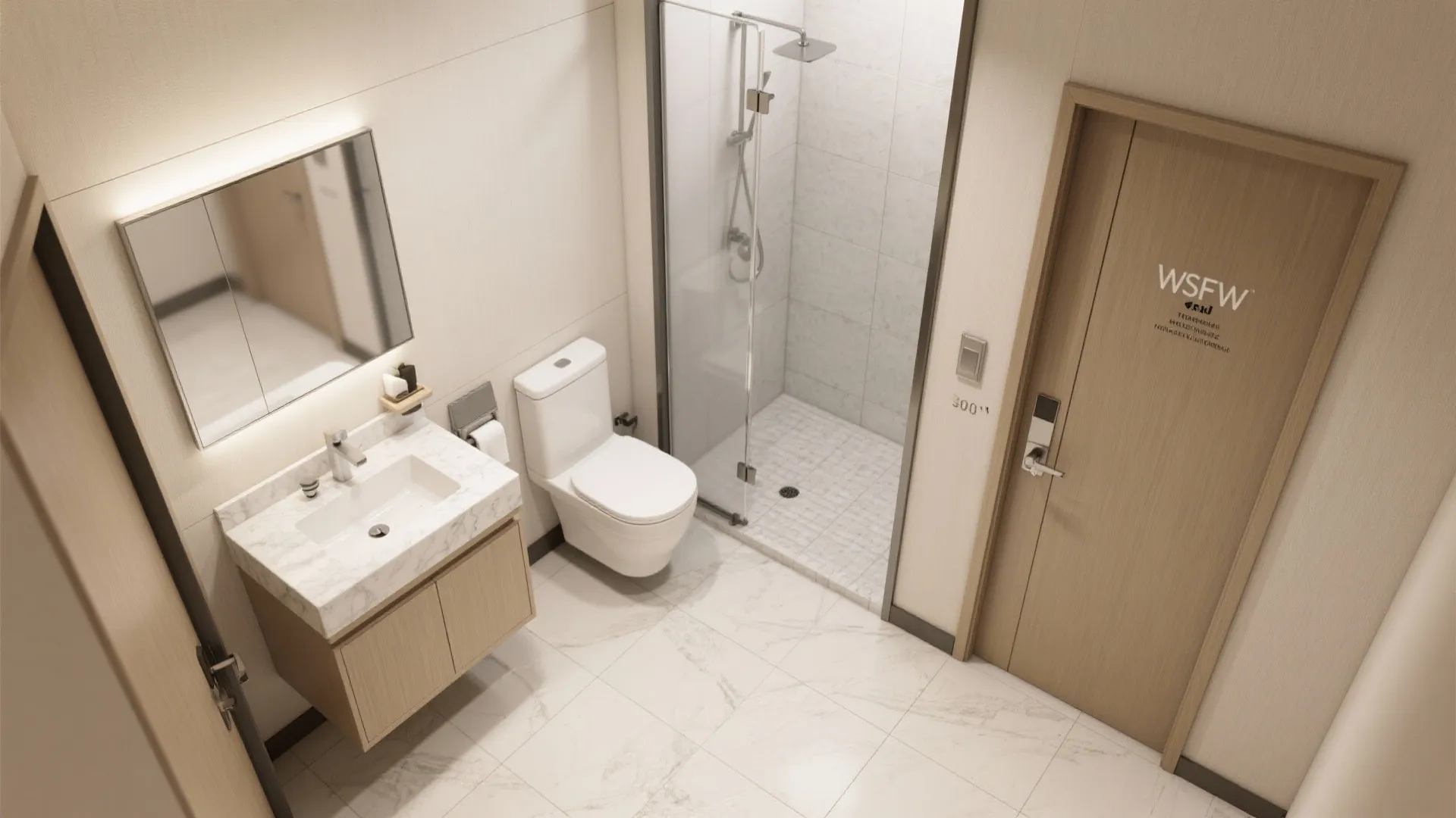 Modern bathroom interior design showing a wooden cabinet sink toilet shower and marble tiled floor