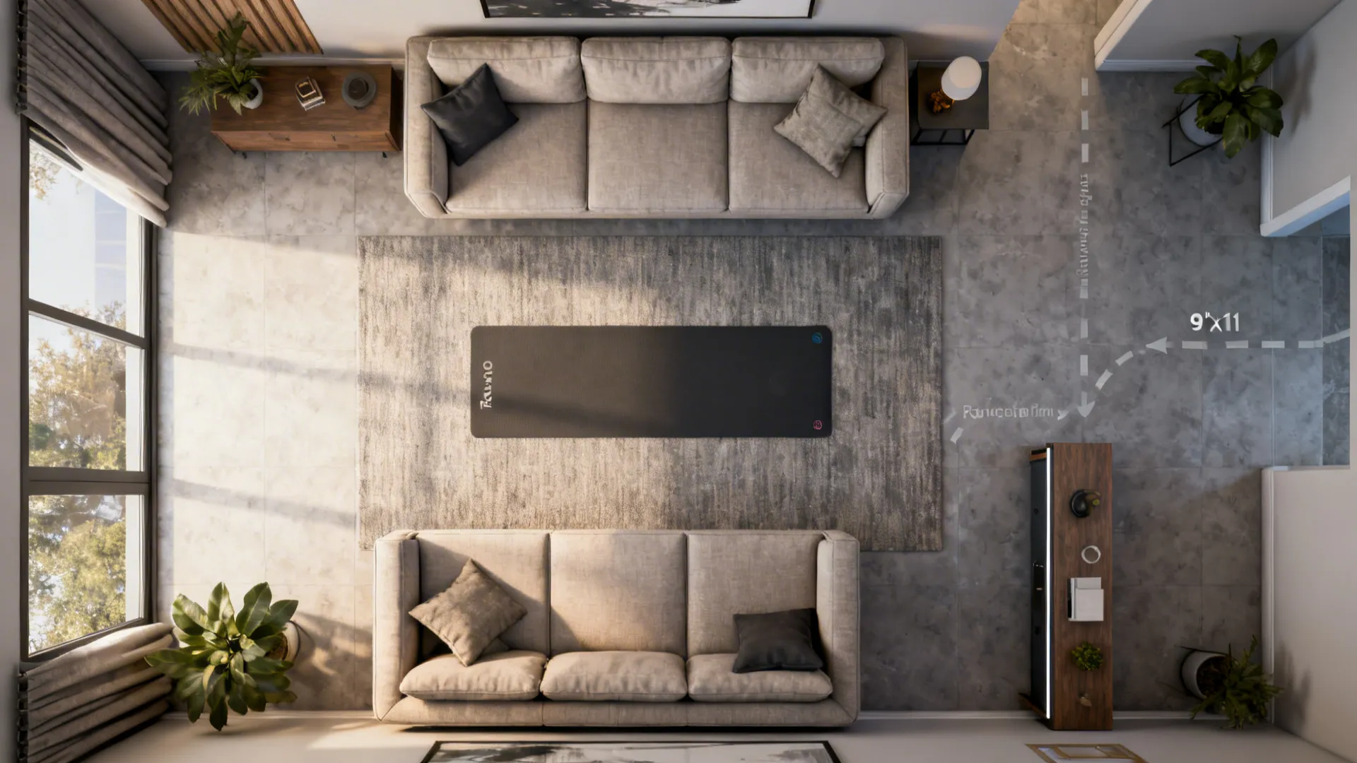 Top-down 3D floor plan of a 9x11 living room showing sofa placement, yoga mat, and circulation paths