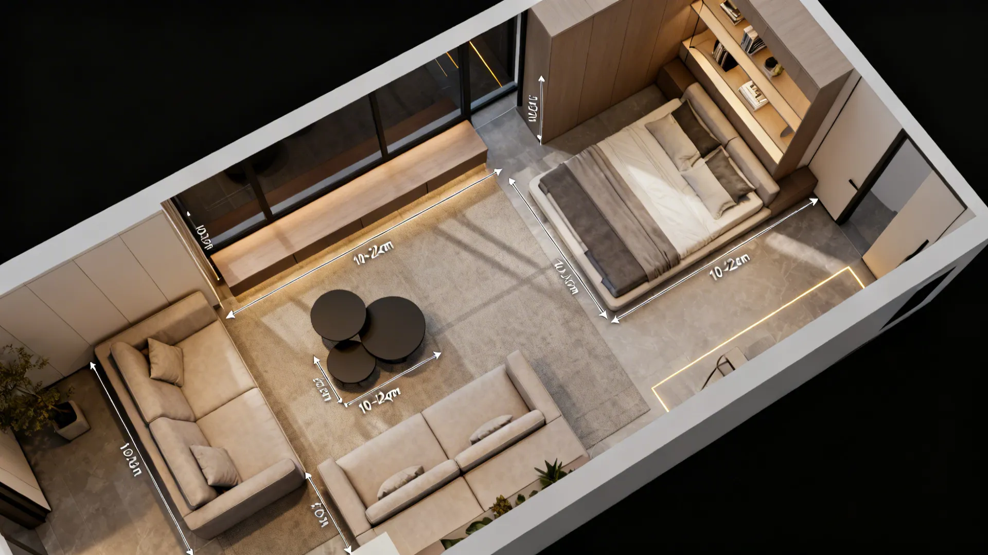 Top-down photorealistic floor plan of a small living room with furniture layout and circulation zones.