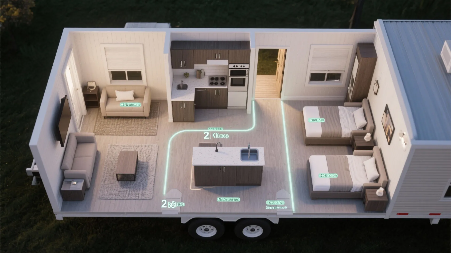 Top-down rendered floor plan showing zones and circulation for a 2-bedroom single wide