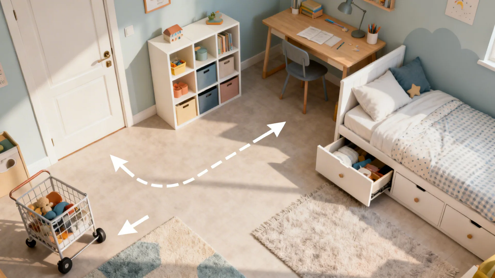 Top-down view showing clear pathways between bed, desk, and storage zones in a small kids room.