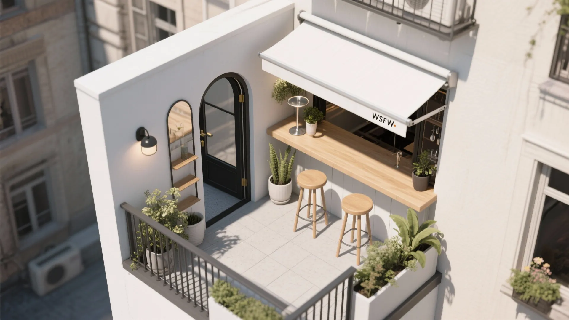 Convertible seating: fold-down bars and nesting stools