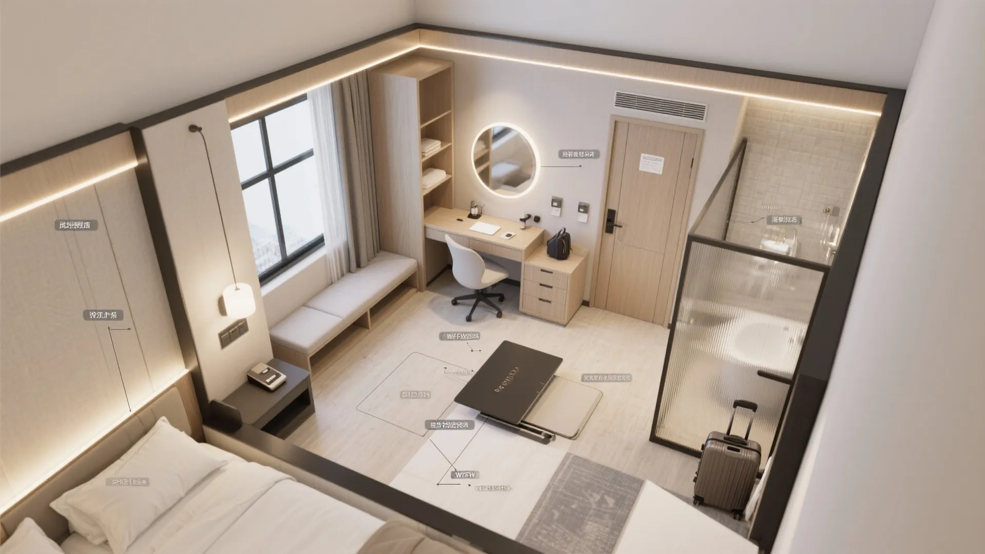 Top-down view showing fold-down desk clearance, door swings, and luggage zone in a small room.