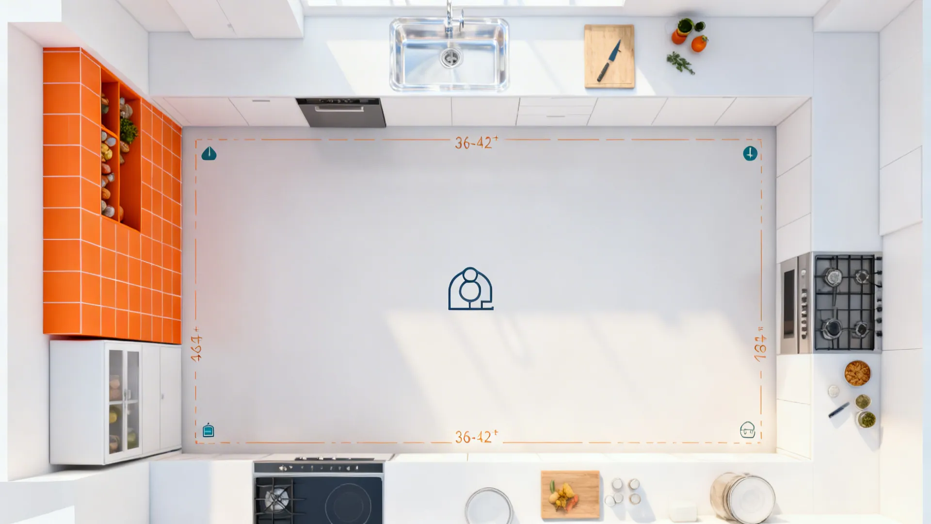 Top-down plan view of a narrow white galley with one orange feature zone and clear workflow.
