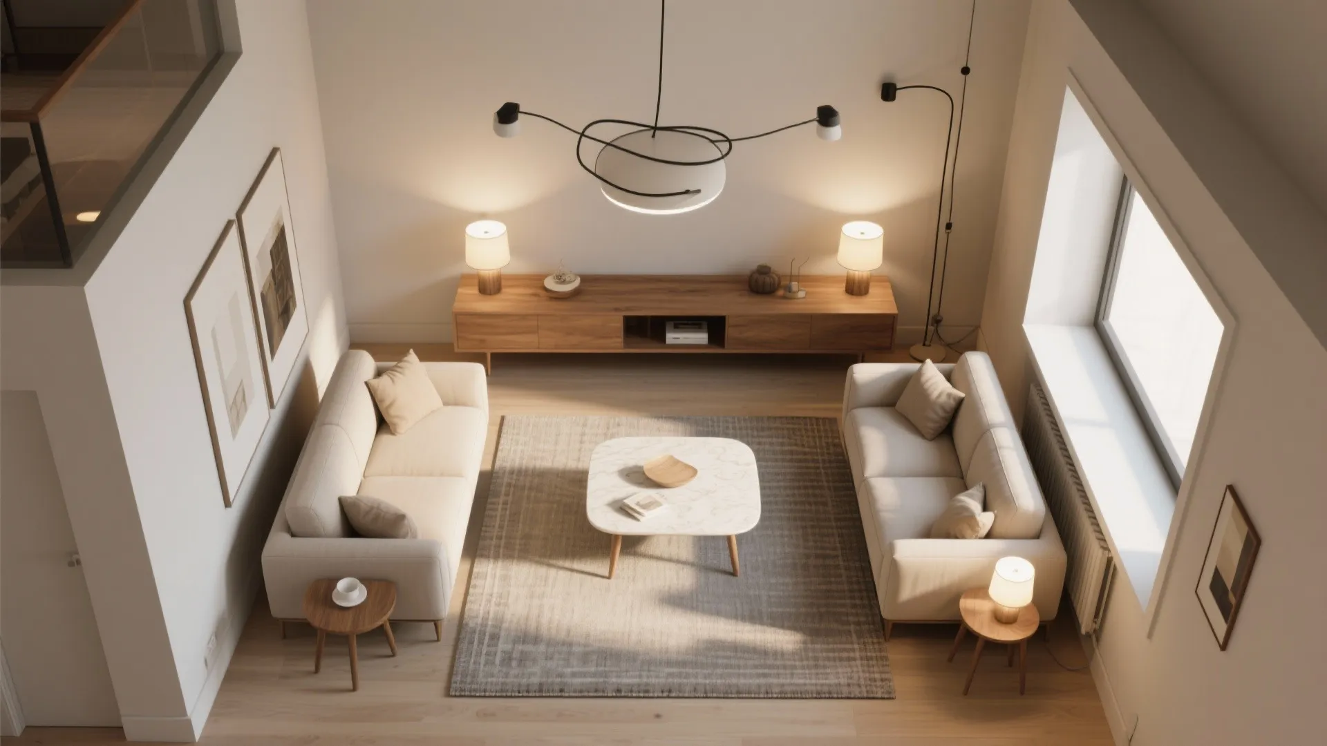 Top down interior design drawing showing two white sofas, coffee table, rug, cabinet, and ceiling light