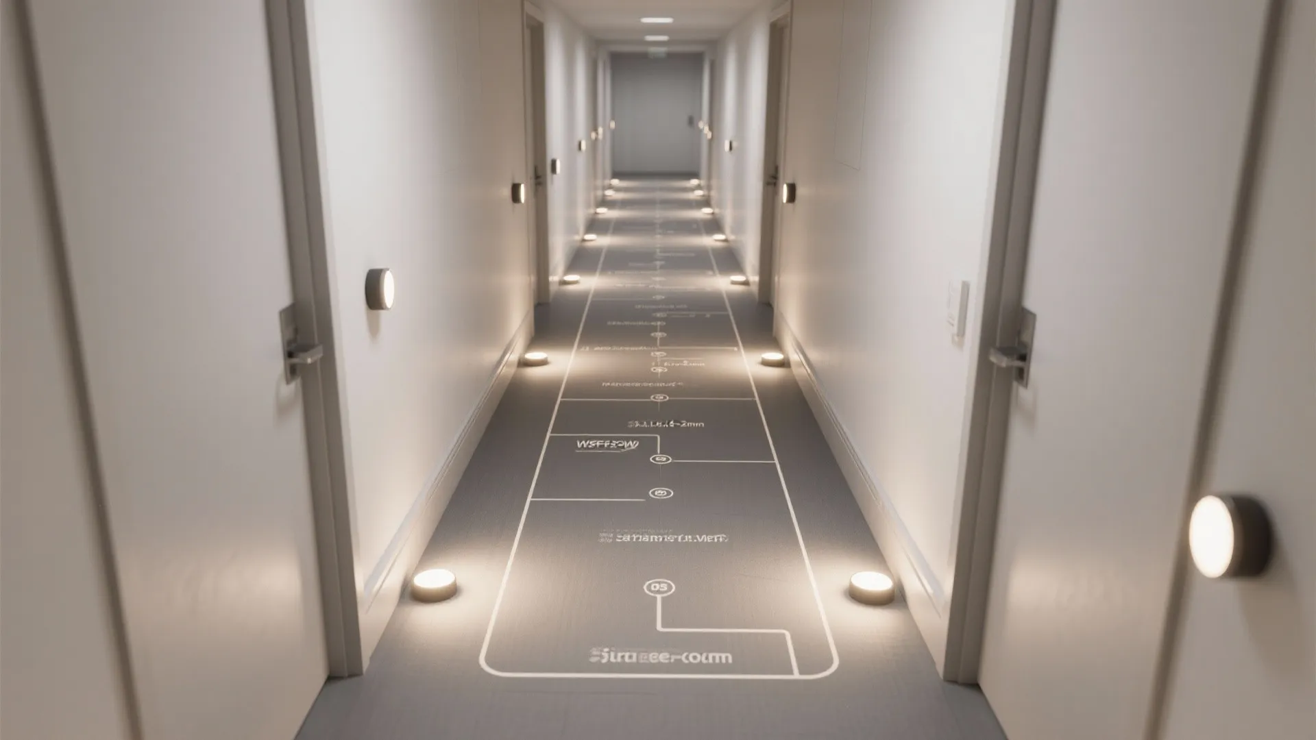 Top-down corridor plan showing spaced magnetic PIR puck lights guiding a path.