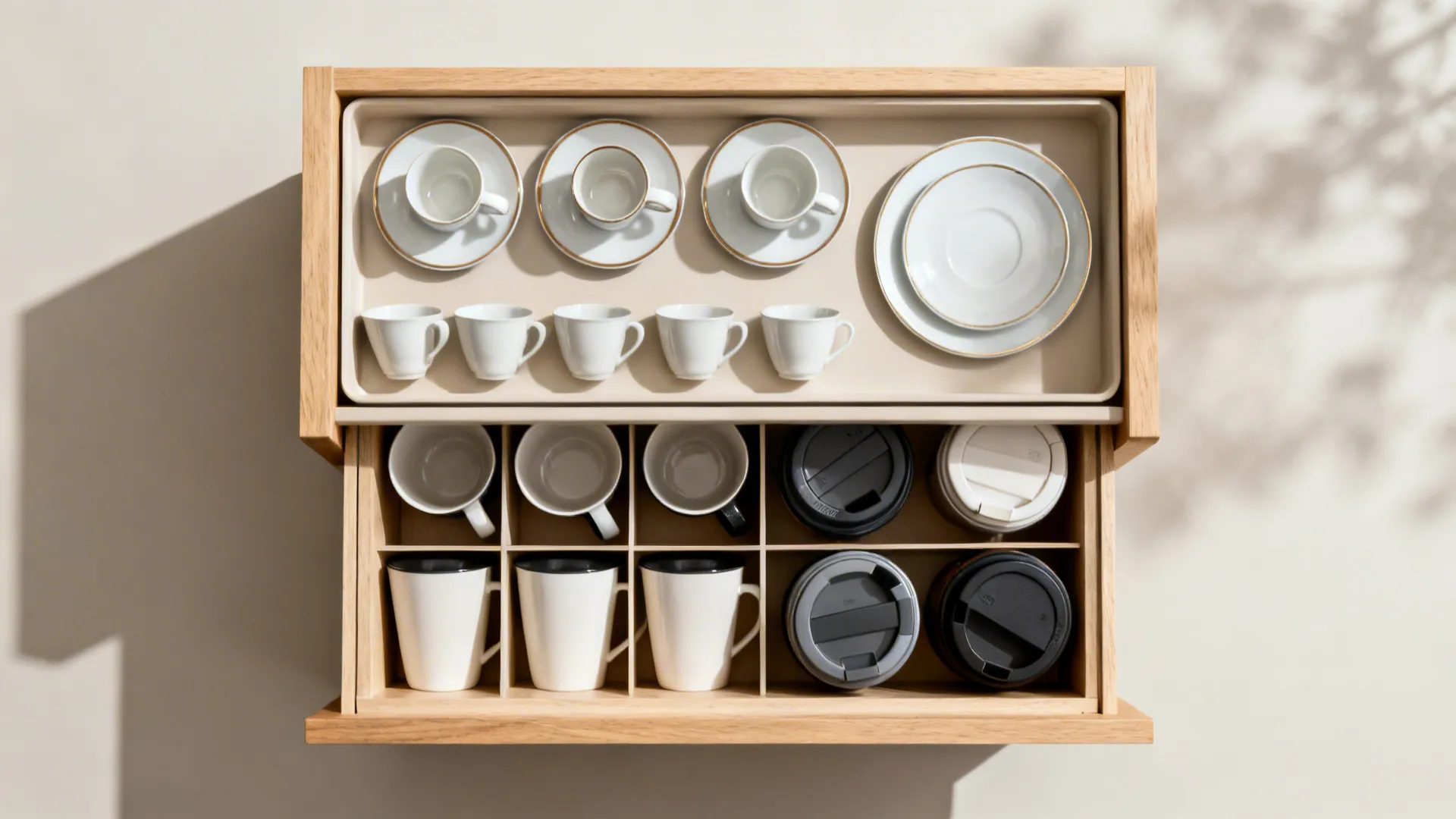 2) Drawer-within-a-drawer for cups and lids