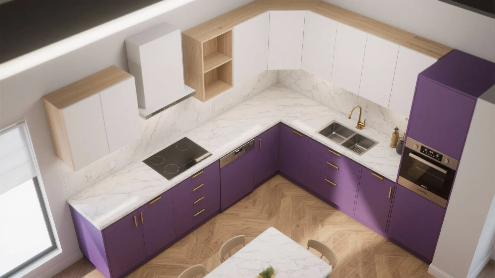 Interior design drawing showing kitchen layout with purple cabinets plus white countertops and wooden floor