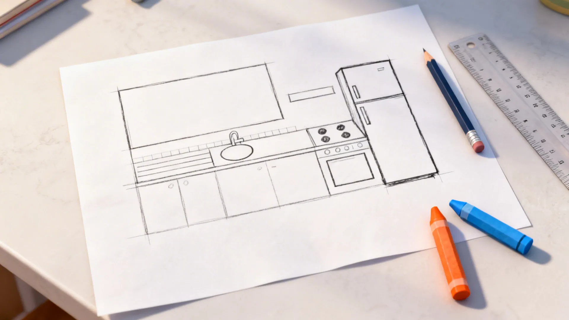 Top-down view of a simple kid-friendly kitchen floor plan sketch with basic shapes.