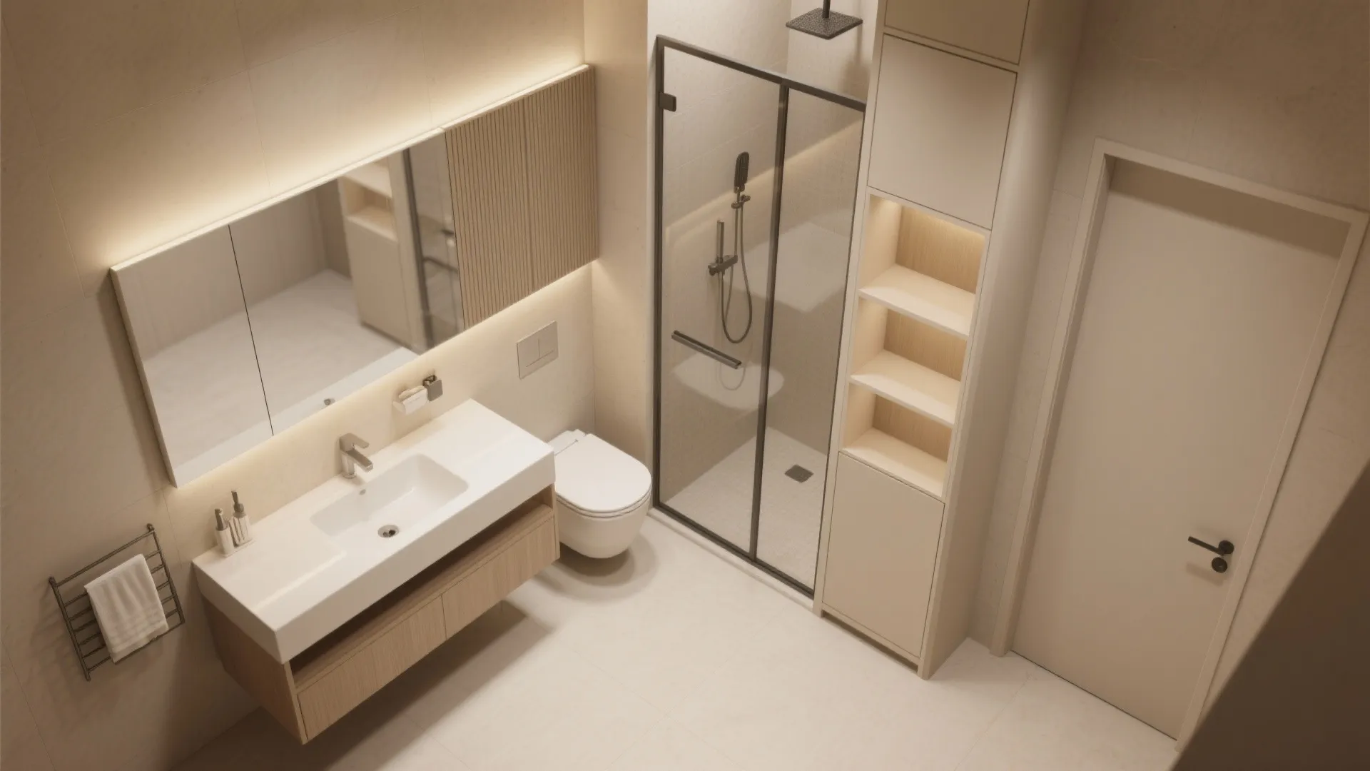 Top-down view of an L-shaped small bathroom layout with slim vanity, WC, and tall storage.