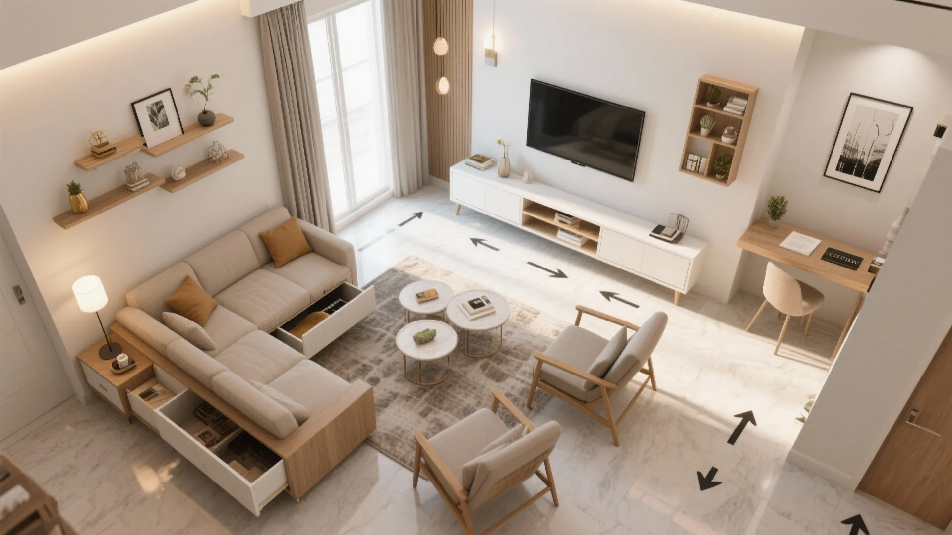 Modern white living room with beige sofa three coffee tables wood furniture and arrow floor indicators