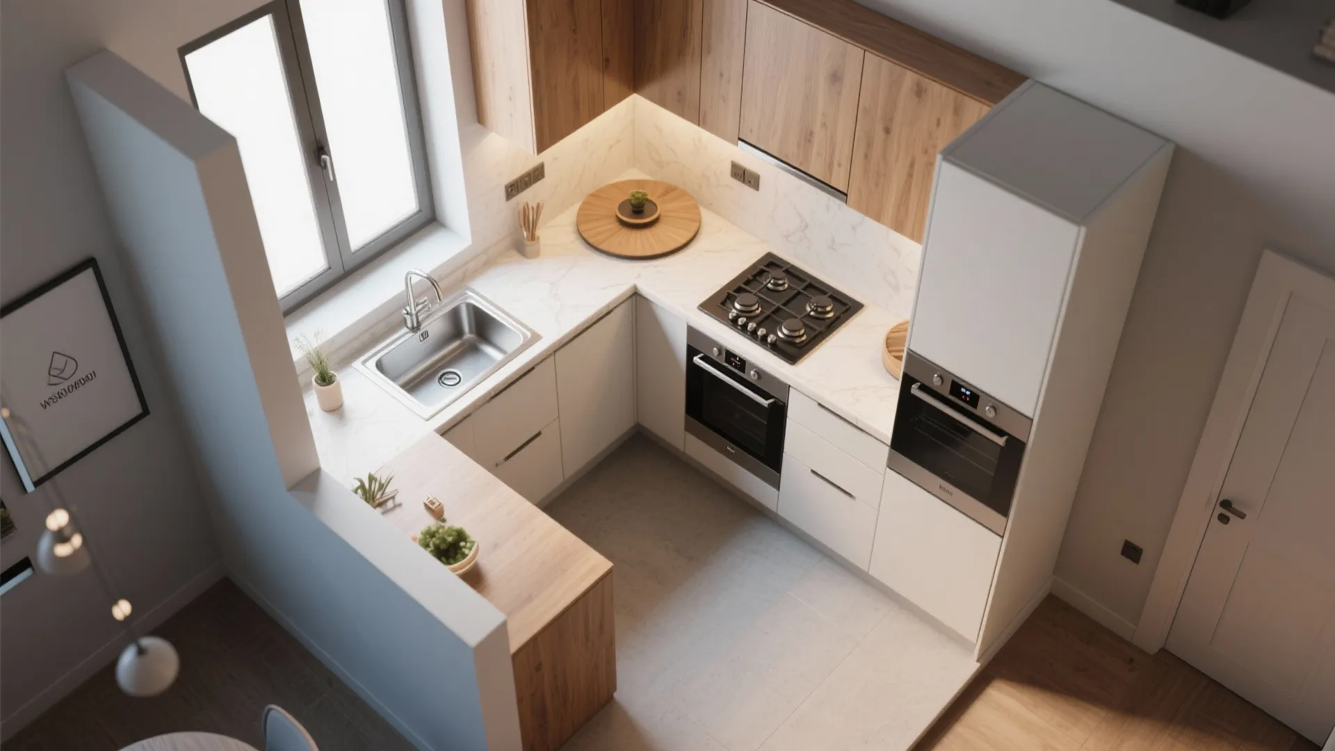 L-shaped layout to free counter space