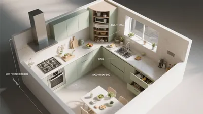 Modern L-Shaped Kitchen with Mint Green Cabinets & Smart Storage