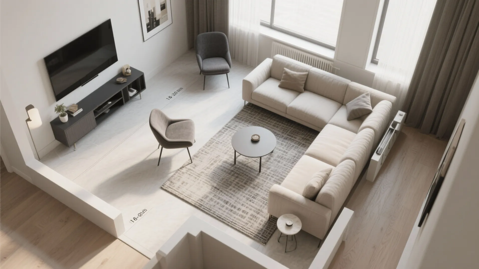 Floating furniture plus clear circulation