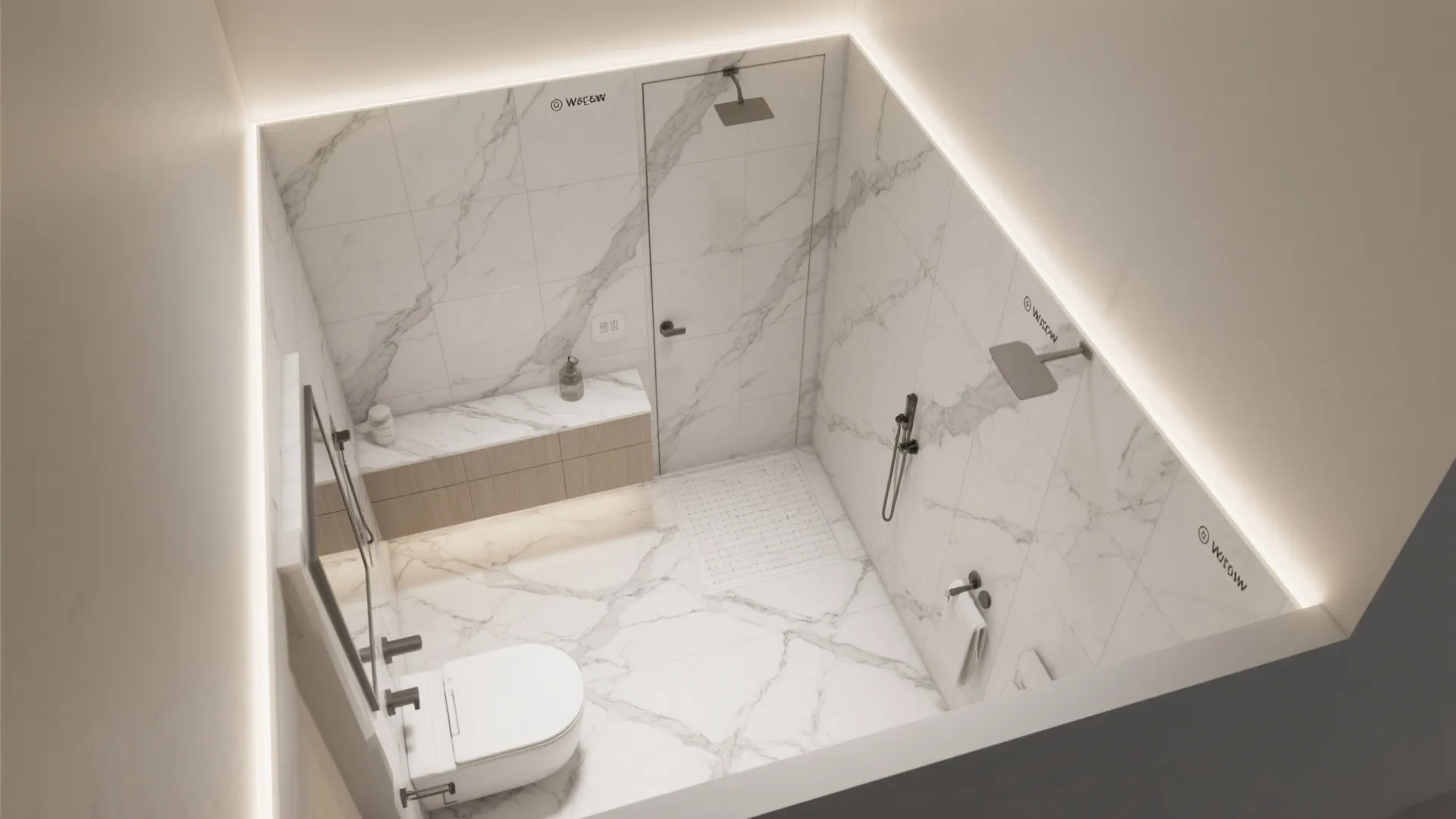 Top-down view showing continuous large-format marble panels wrapping an L-shaped bathroom wall.