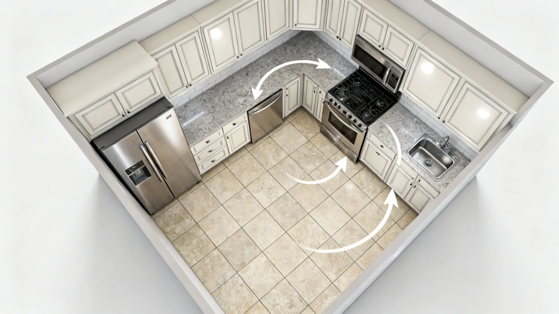 Top-down view of 24x48 stone-look tiles aligned to the longest wall in an L-shaped kitchen.