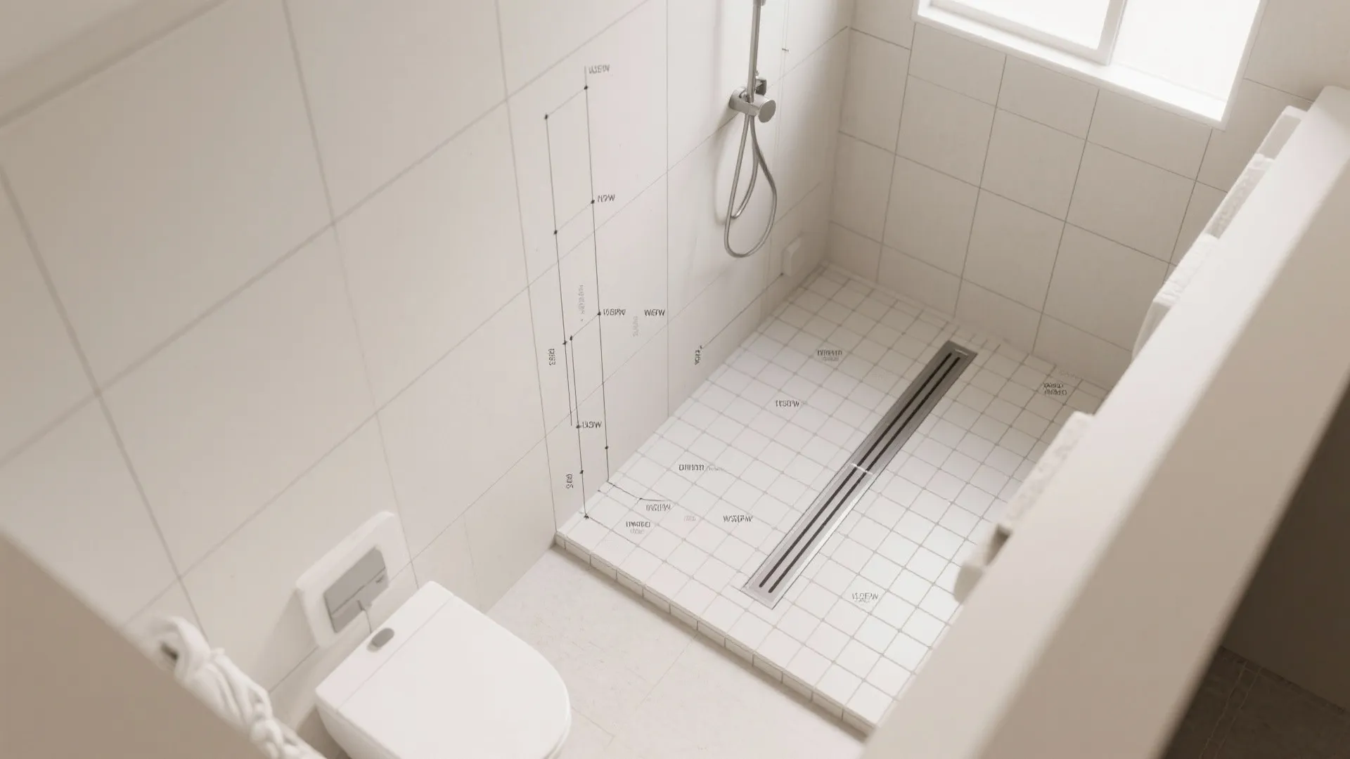 Top down interior design drawing of a white bathroom showing shower floor tiles and toilet layout