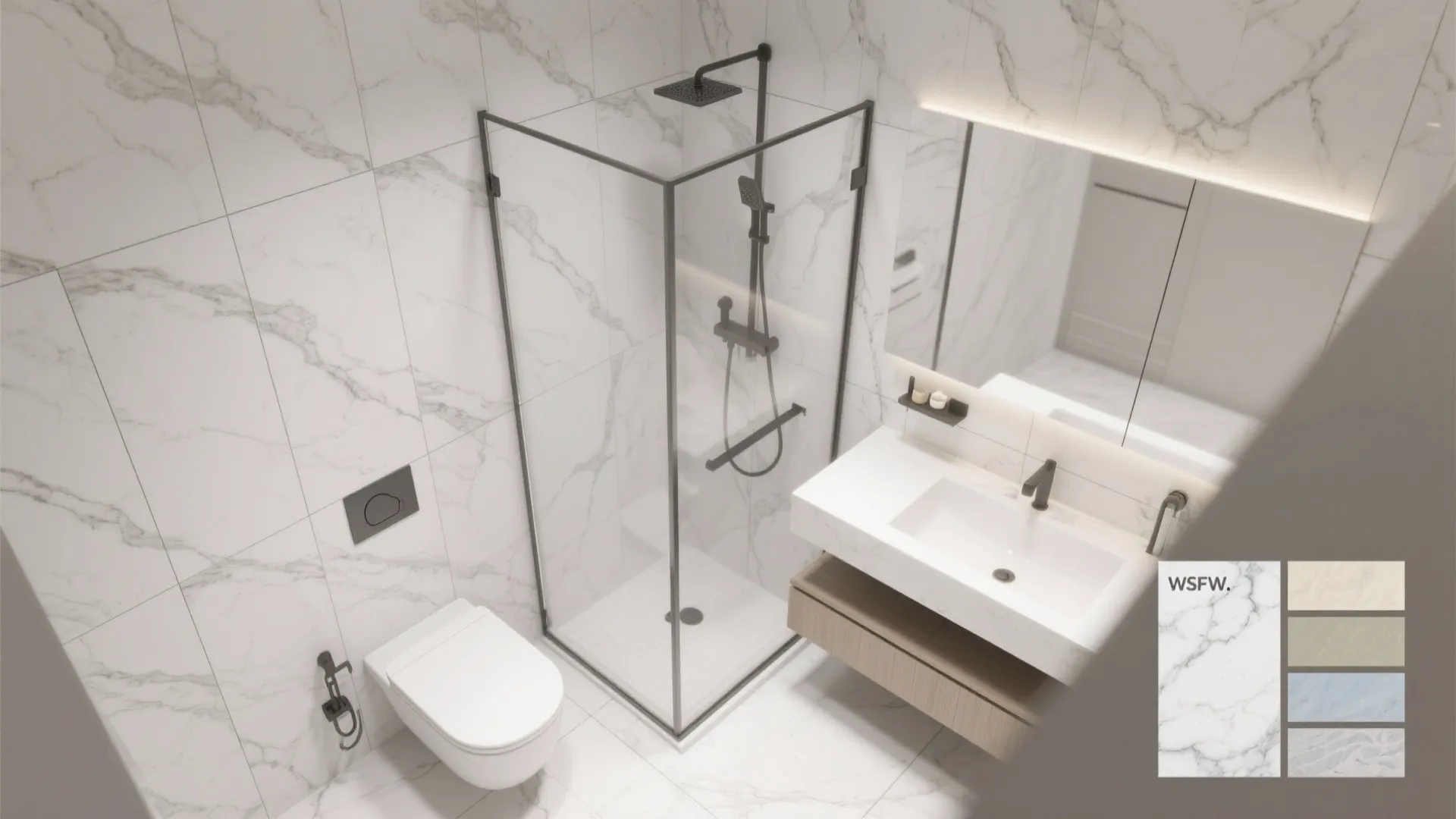 Top-down plan of a small bath with continuous large-format marble wall surfaces.