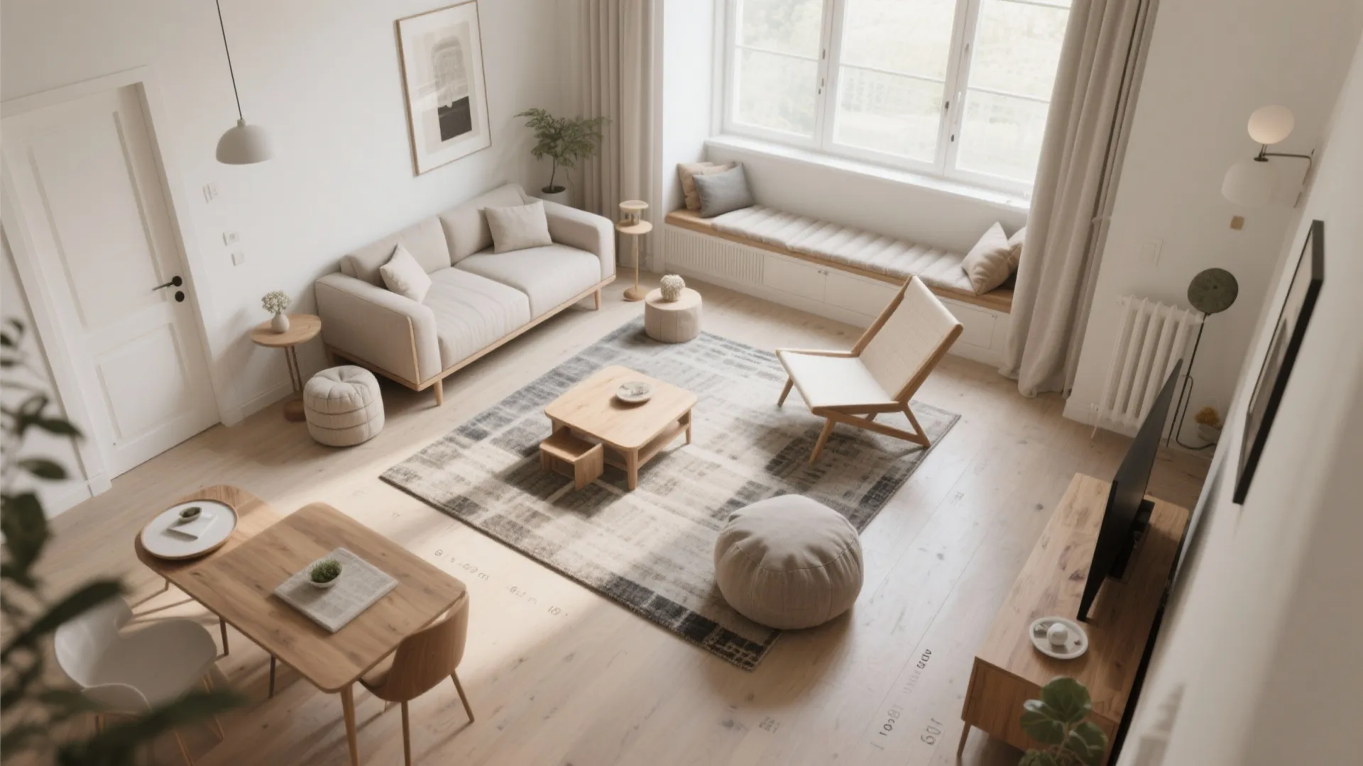 Top view of a modern living room layout with sofa dining table rug and window