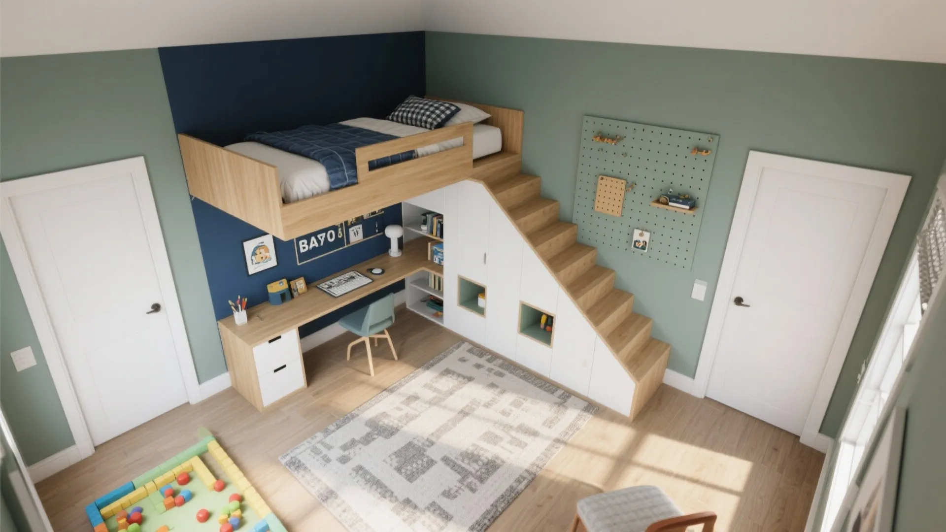 Boy bedroom layout with elevated bed above a desk and storage stairs in green room