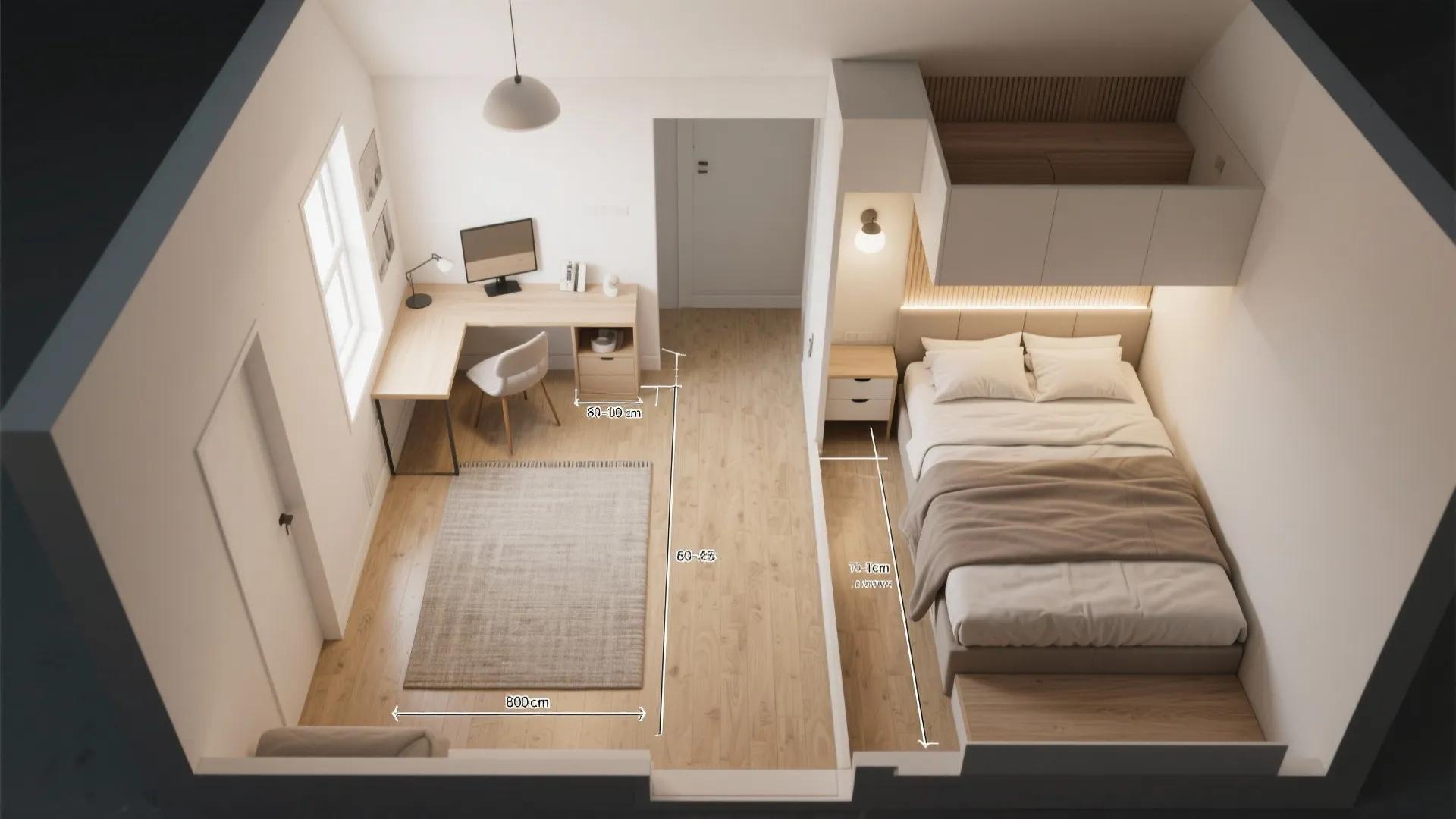 Top-down photorealistic floorplan render of small bedroom layouts with measurement annotations and circulation paths for bed and desk options.