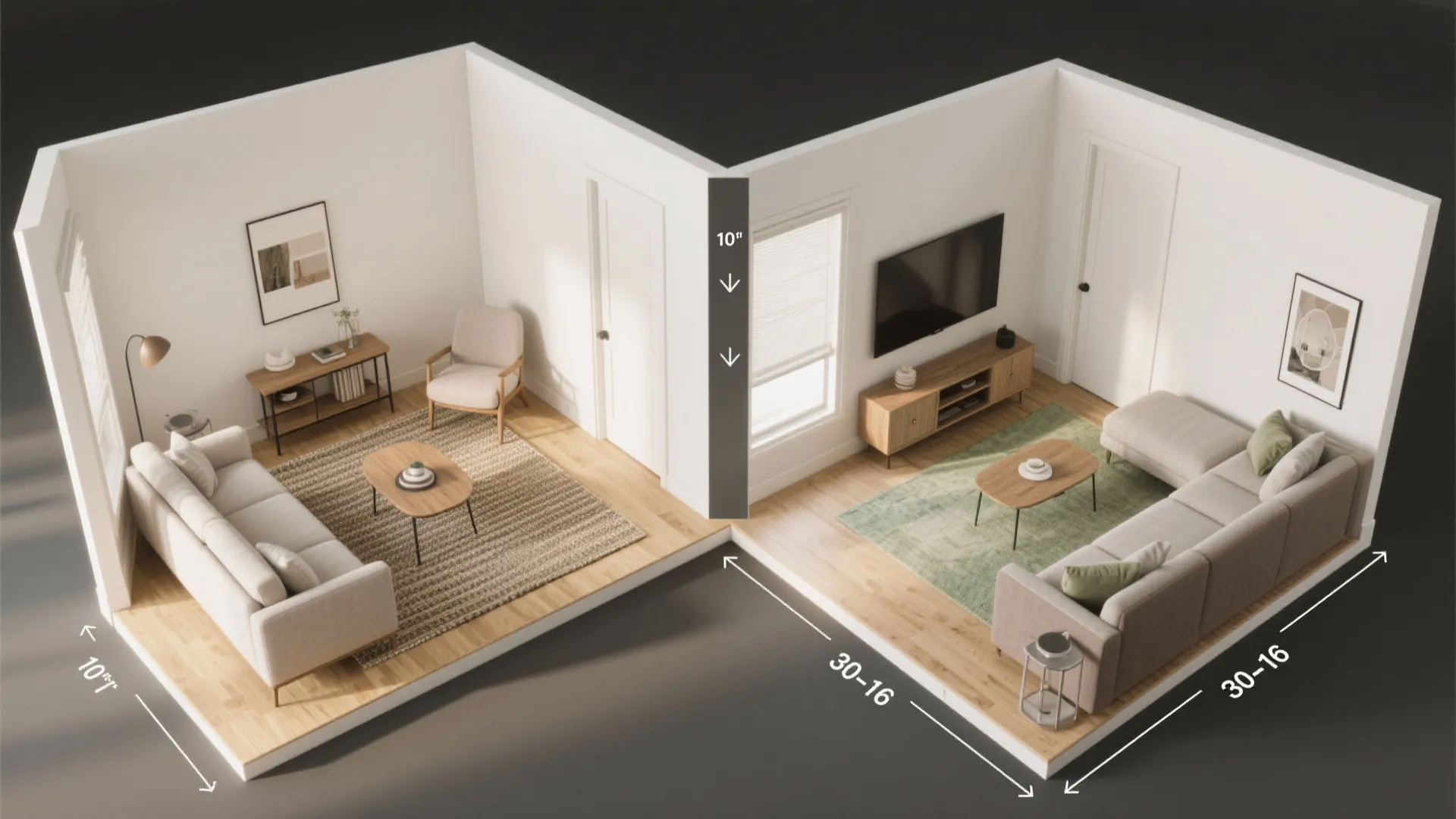 Top-down layout of a small living room showing clear walkways around a loveseat, chair, and TV wall.