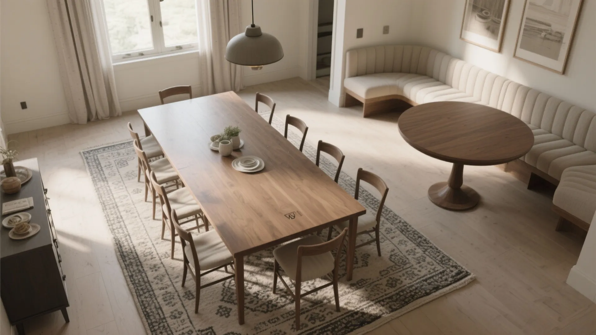 Top view of a spacious dining room with long wooden table chairs and corner wall bench