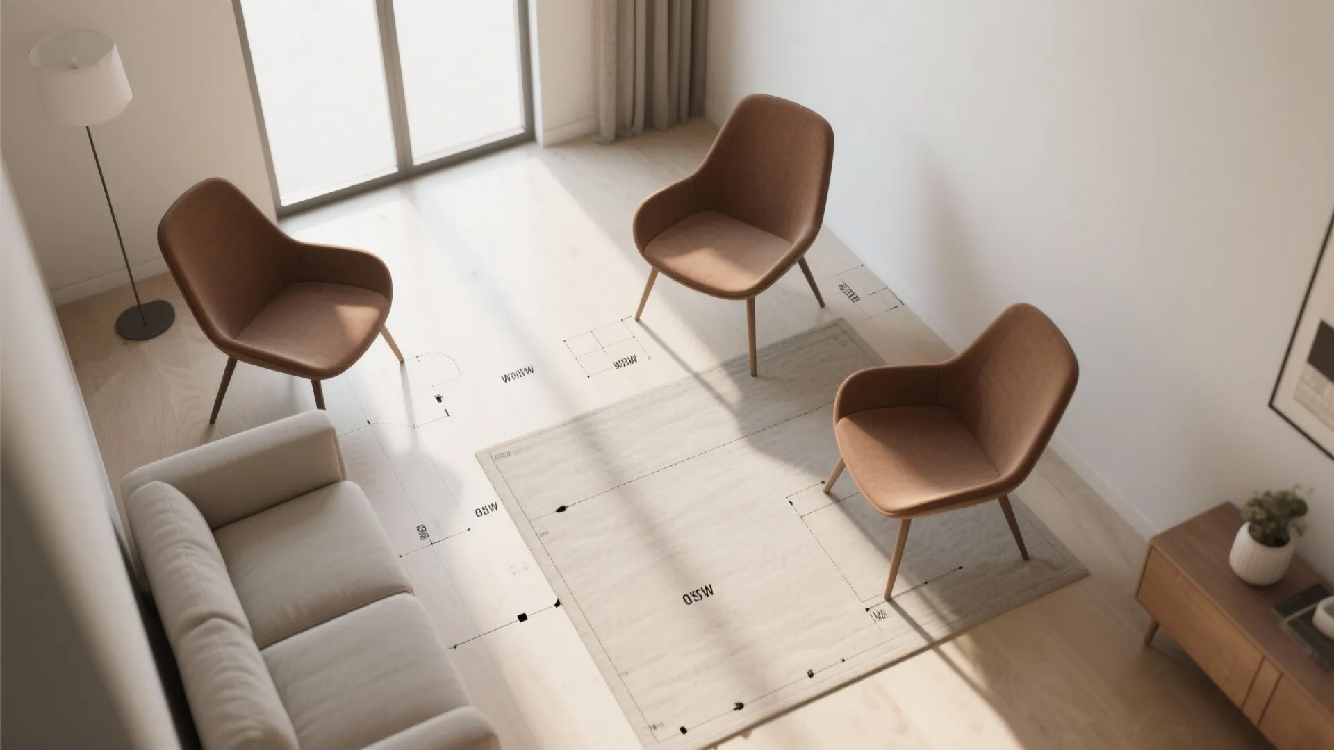 Top-down floor plan view showing slim brown chairs and clear pathways in a small living room.