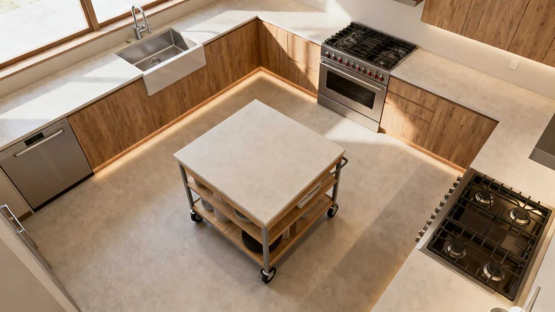Top-down view of a compact kitchen layout with clear aisles around a rolling cart peninsula.