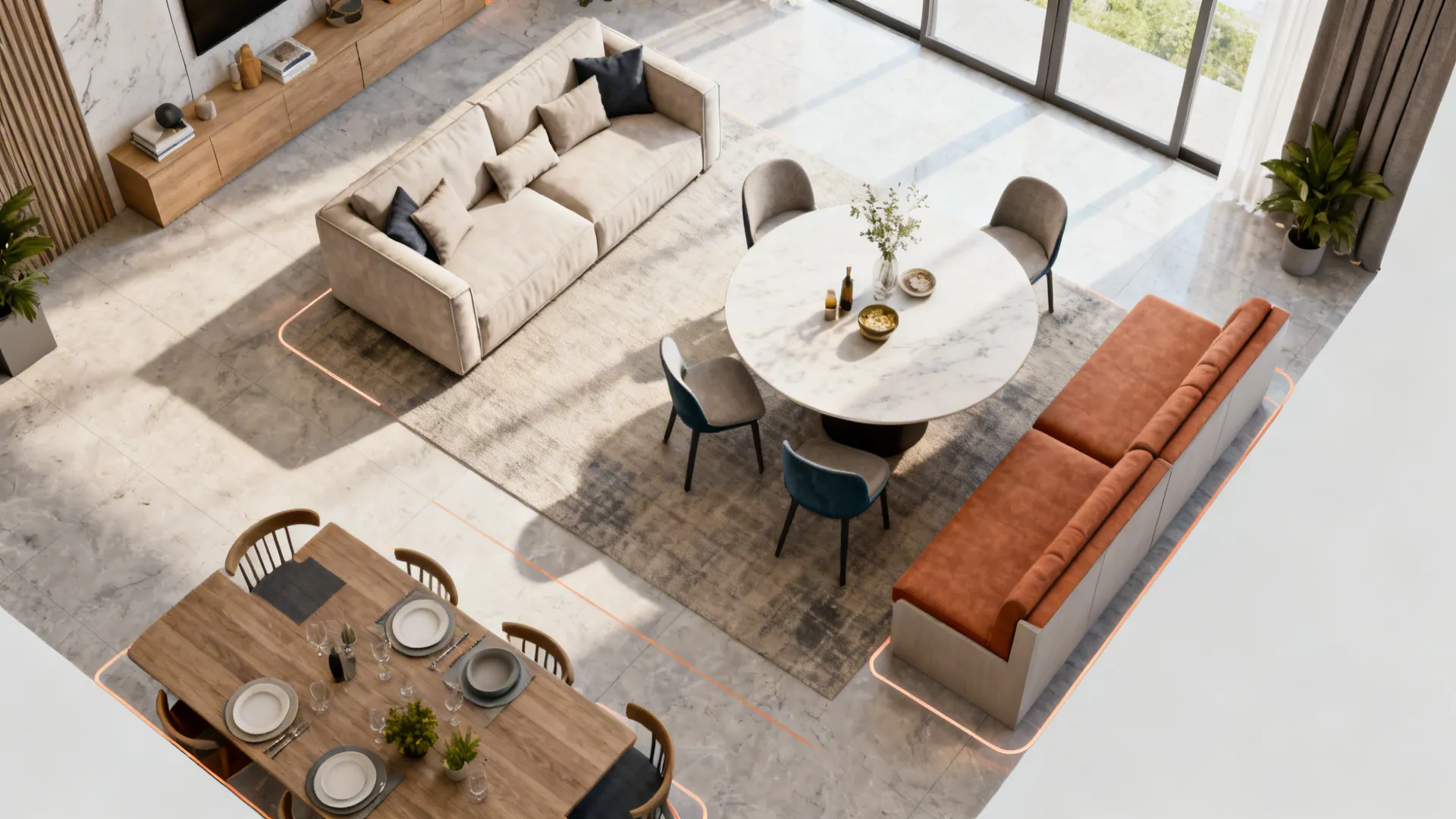 Top down view of an open floor plan with sofa round table and dining set