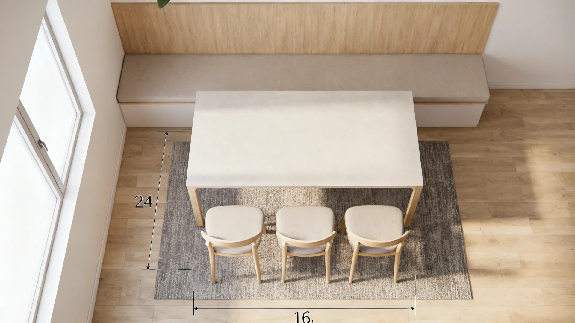 Top-down layout showing bench on wall side, three chairs opposite, and 36-inch aisle.