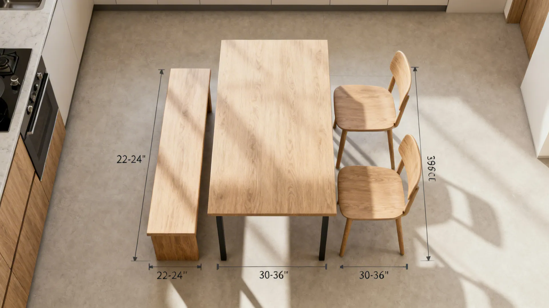 Top-down view showing bench on one side and two chairs opposite with clearances.