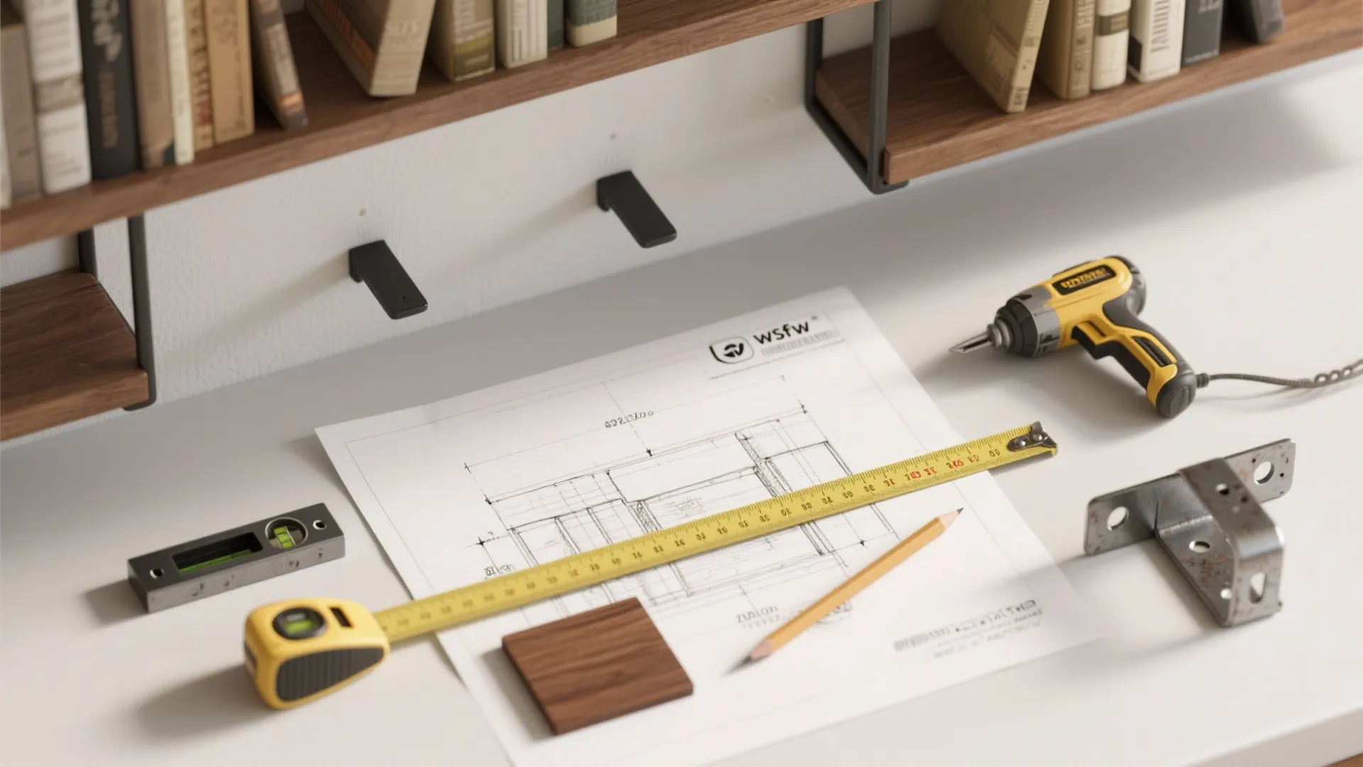 Interior design drawing on a white desk with tape measure pencil drill and wood sample