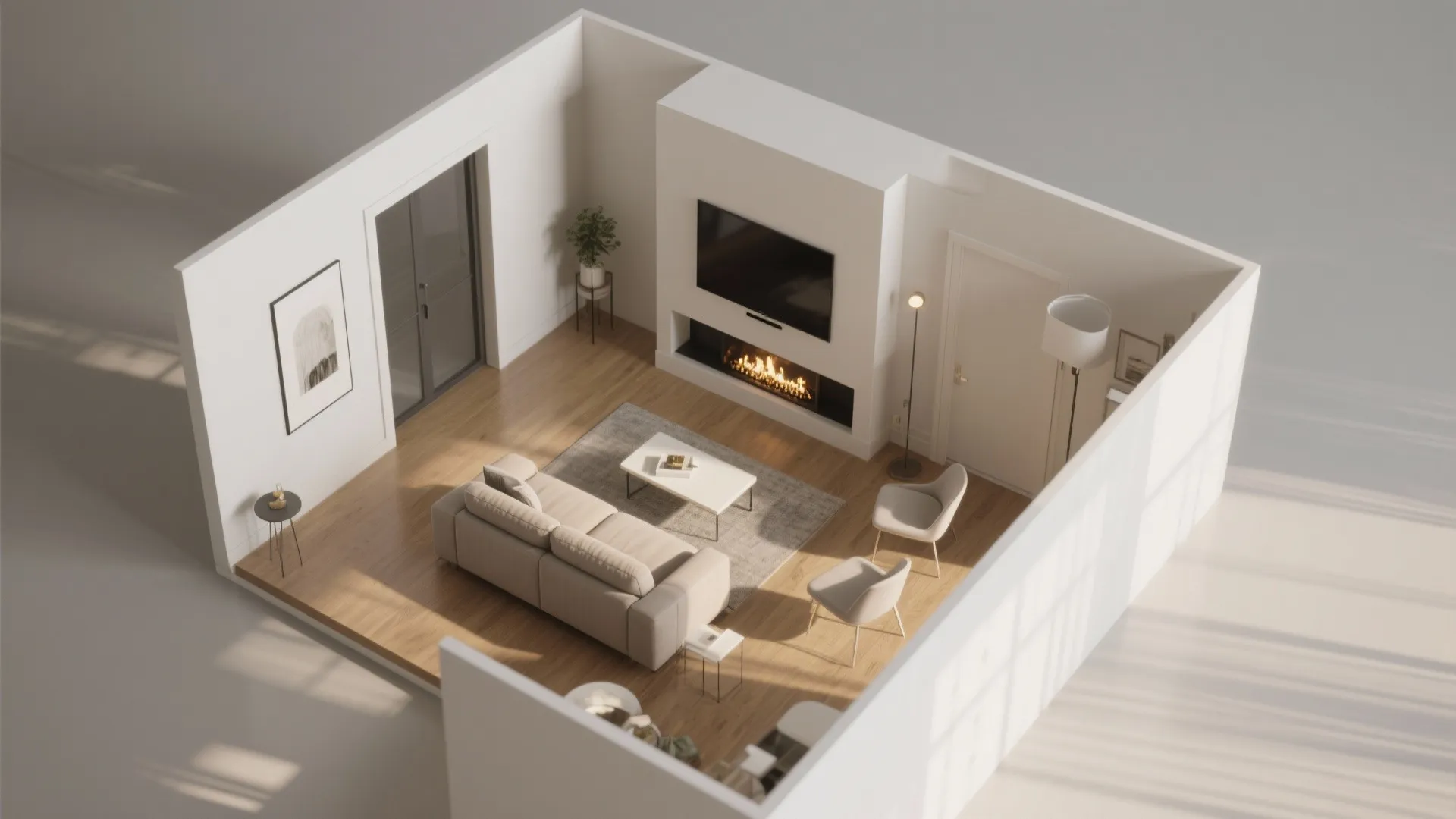 Top-down 3D plan of a 10x12 living room showing sofa, angled chairs, TV and fireplace with clear circulation and sightlines.