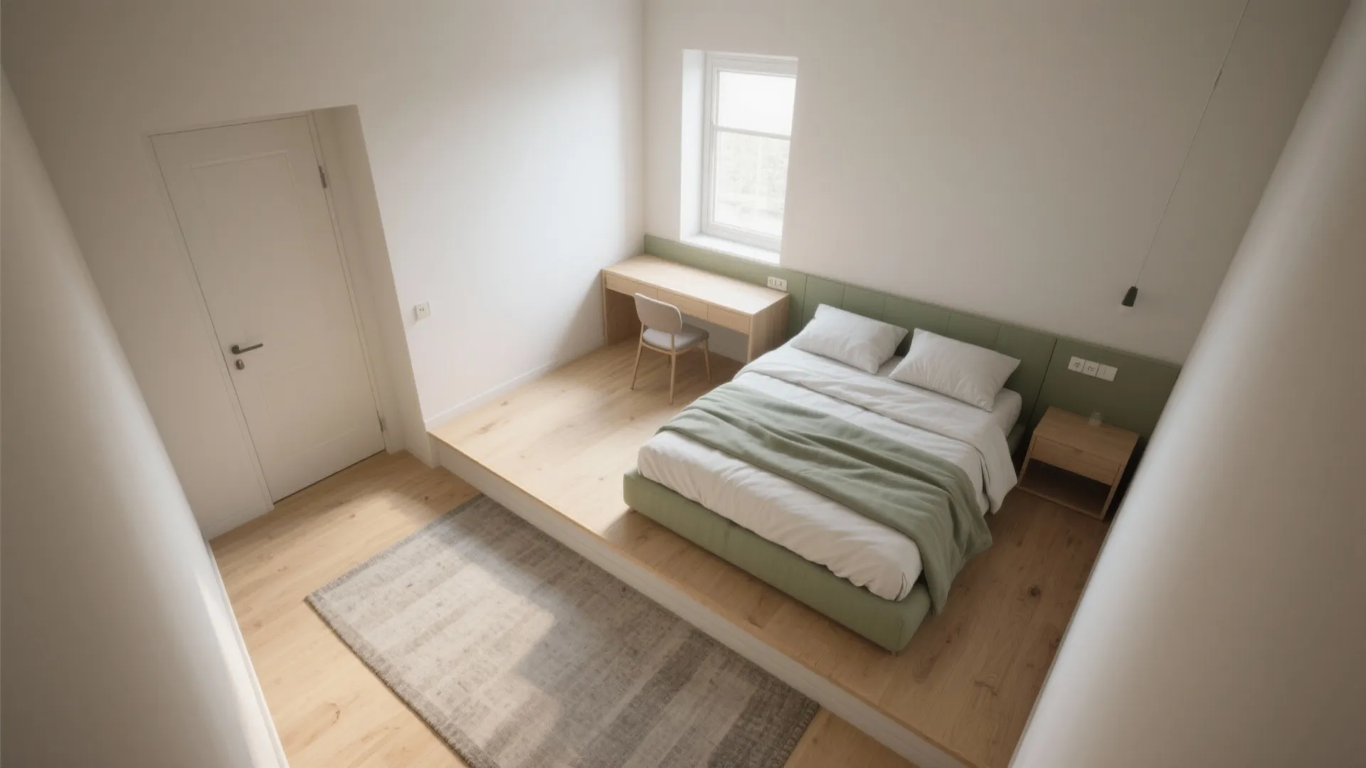 Top-down plan of a corner bed layout showing clear circulation without labels.