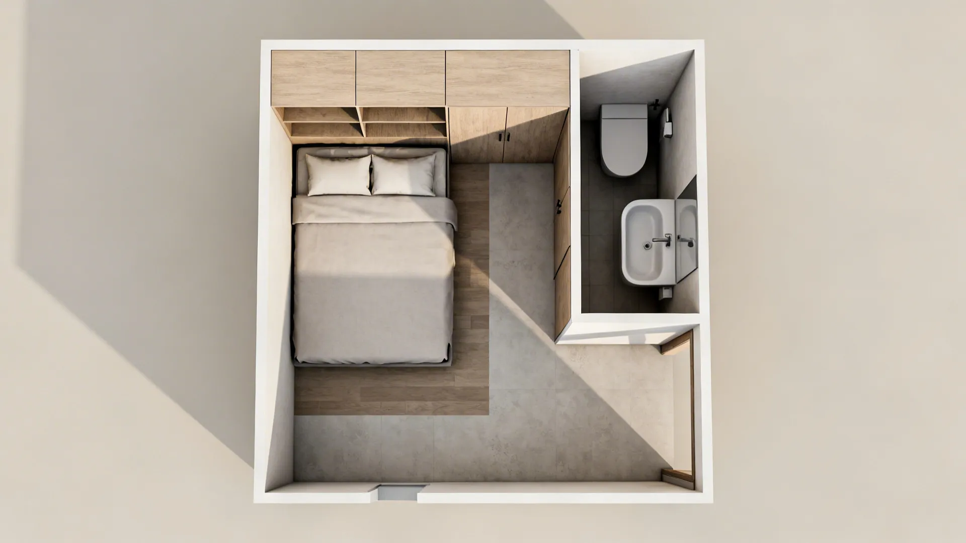 Storage wall with pocket door to the bath