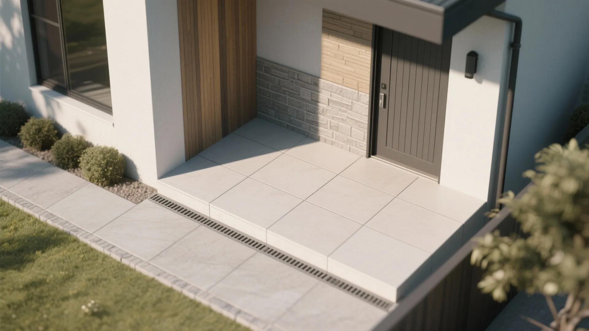 Top view of a modern house entrance with grey floor tiles and a black door