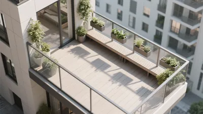 Modern Balcony Design with Greenery and Wood Decking
