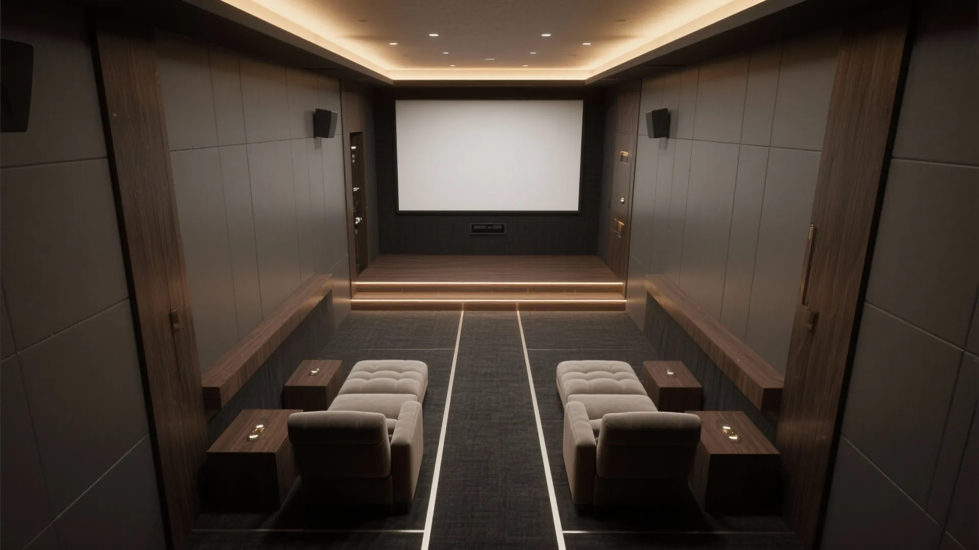 Modern home cinema room with two grey sofas small wooden tables large screen and ceiling lights